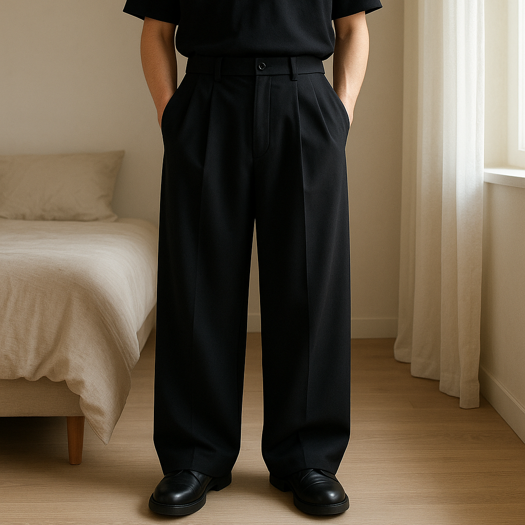 Une personne en pantalon de costume Large oversize - Vintage debout, face à la caméra, dans une chambre à la lumière douce, avec une lumière naturelle filtrant par la fenêtre.
