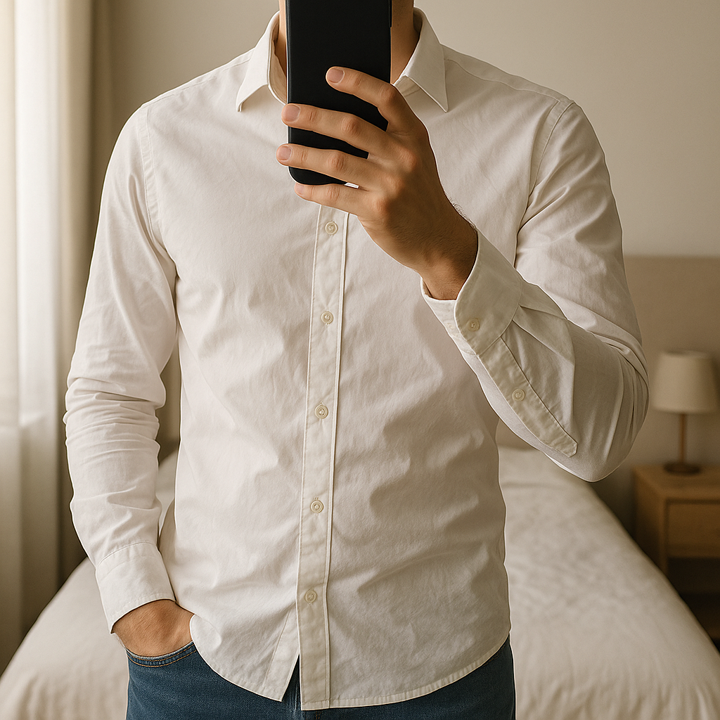 Chemise Homme Taille M Slim Fit Zara debout, face à la caméra, dans une chambre à la lumière douce, avec une lumière naturelle filtrant par la fenêtre.
