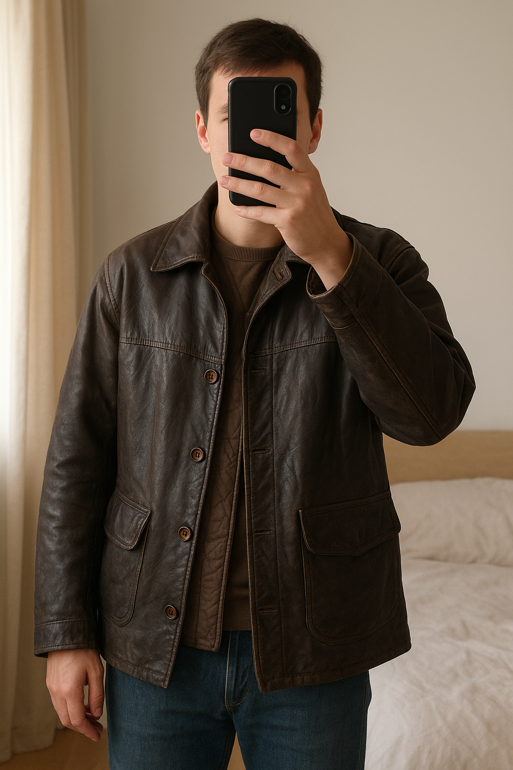 Blouson en cuir T50 debout, face à la caméra, dans une chambre à la lumière douce, avec une lumière naturelle filtrant par la fenêtre.