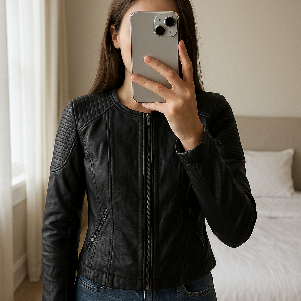 LGB veste en cuir leather jacket if six was nine archive opium avant-garde 90s 1990s debout, face à la caméra, dans une chambre à la lumière douce, avec une lumière naturelle filtrant par la fenêtre.