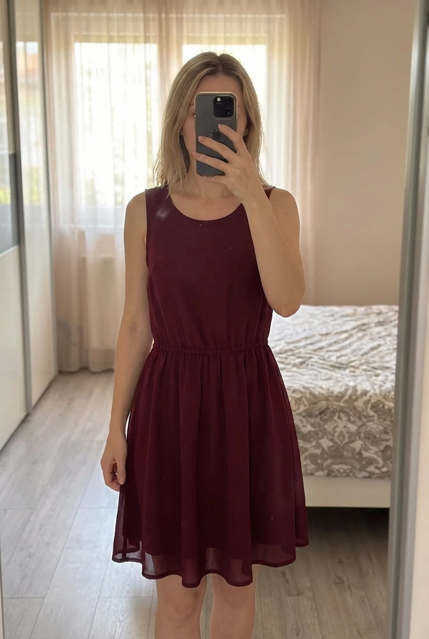 Robe taille xs debout, face à la caméra, dans une chambre à la lumière douce, avec une lumière naturelle filtrant par la fenêtre.