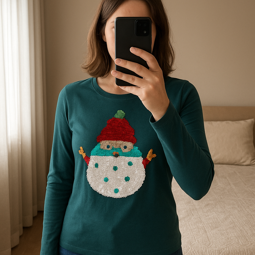 Pull imprimé père noel taille 8 ans spécial Noël debout, face à la caméra, dans une chambre à la lumière douce, avec une lumière naturelle filtrant par la fenêtre.