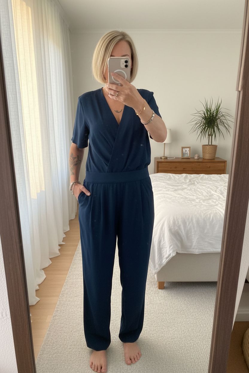 Combinaison ruisseau debout, face à la caméra, dans une chambre à la lumière douce, avec une lumière naturelle filtrant par la fenêtre.