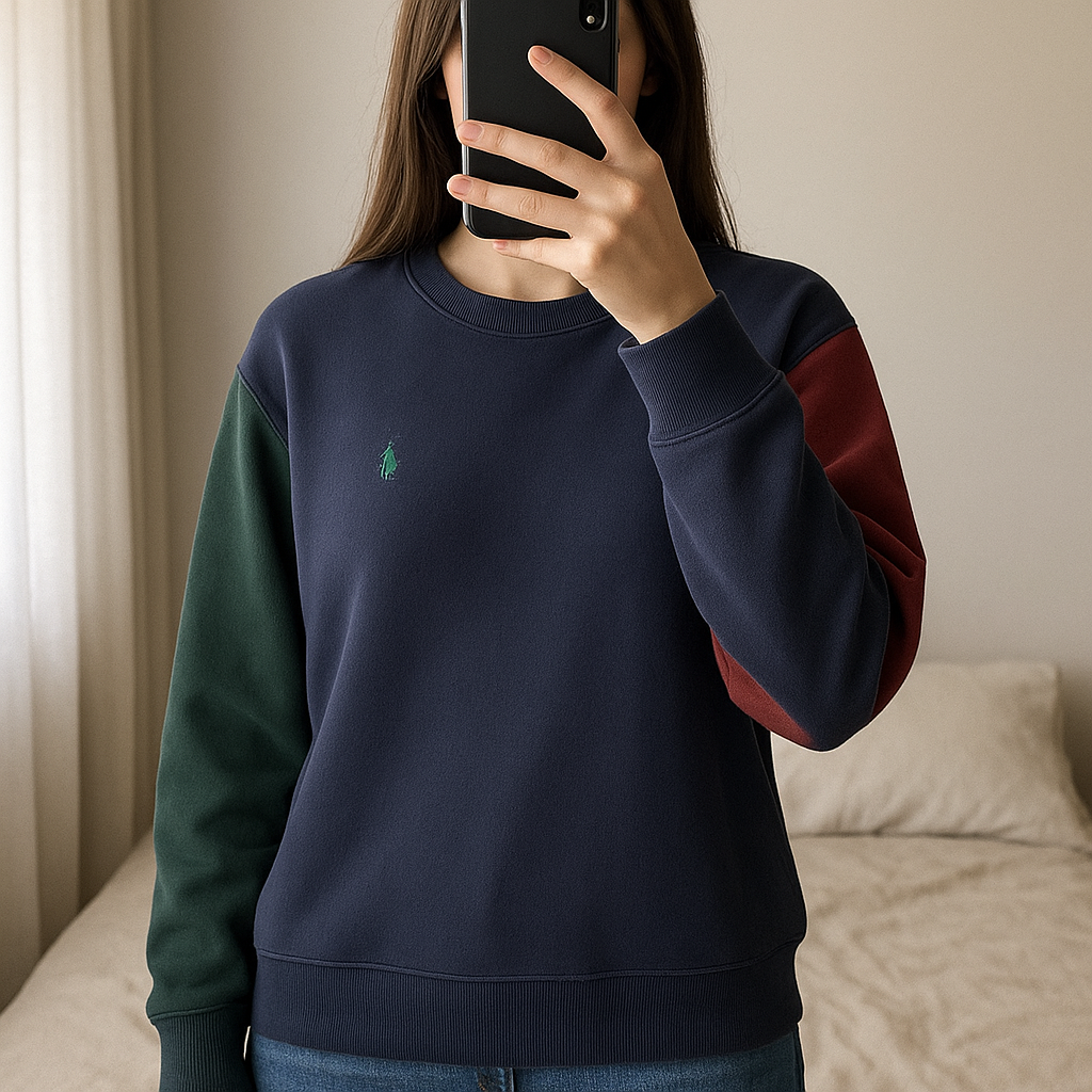 Sweat Polo Ralph Lauren in piedi, rivolto verso la fotocamera, in una camera da letto con luce soffusa e luce naturale che filtra dalla finestra.