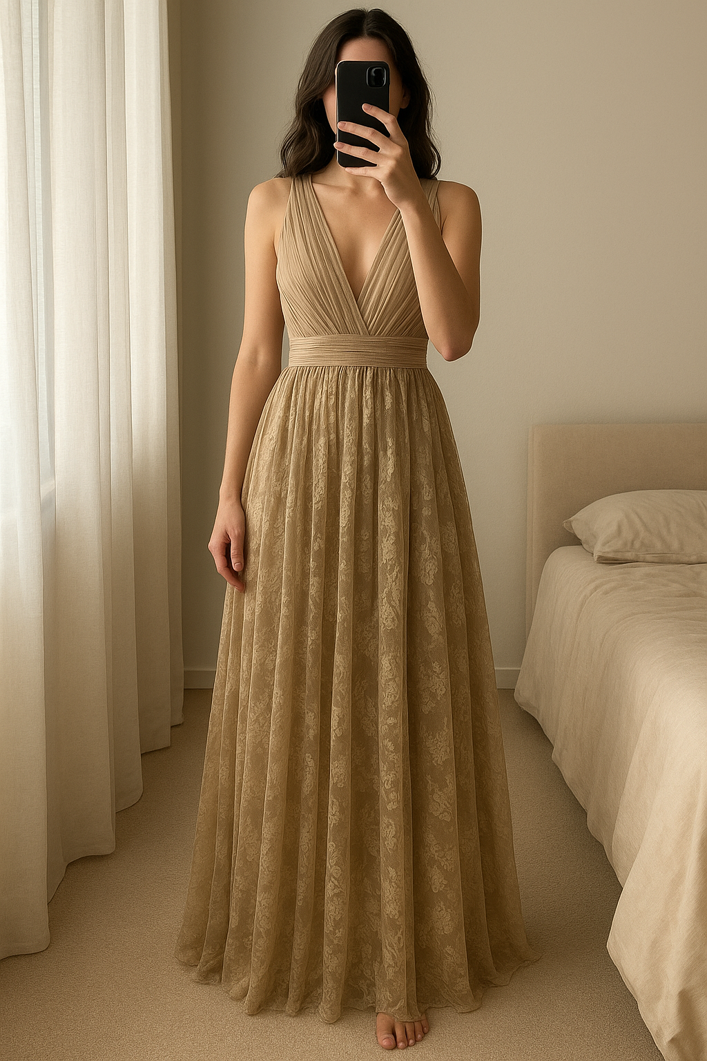 Abito Zara seta e merletto in piedi, rivolto verso la fotocamera, in una camera da letto con luce soffusa e luce naturale che filtra dalla finestra.