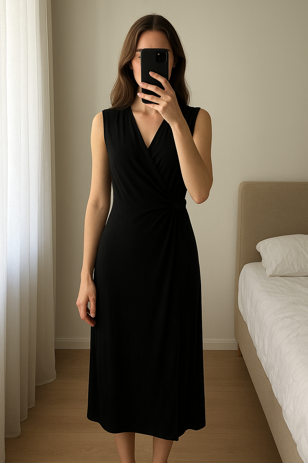 robe portefeuille nouée sans manches debout, face à la caméra, dans une chambre à la lumière douce, avec une lumière naturelle filtrant par la fenêtre.