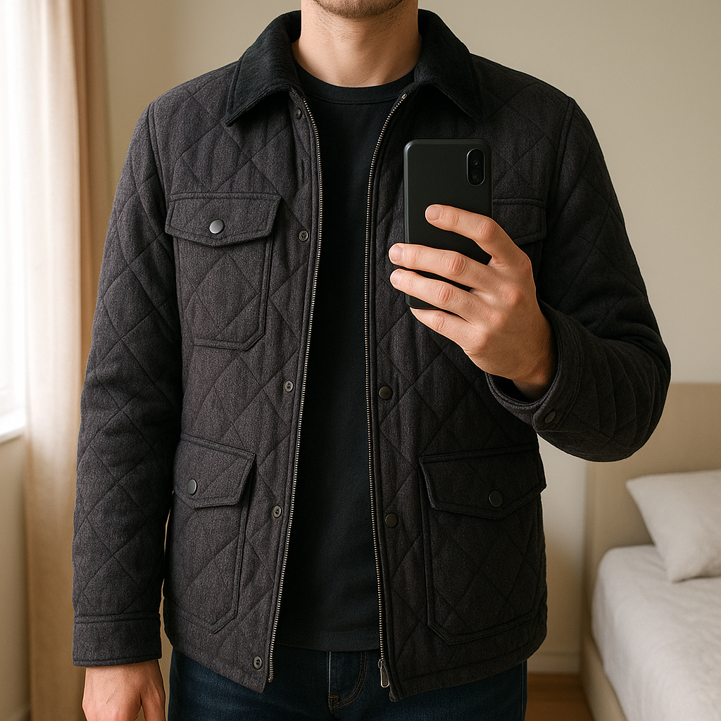 Mens Blue Harbour. Jacket standing straight facing the camera, in a softly lit bedroom setting, with gentle natural light filtering through a window.