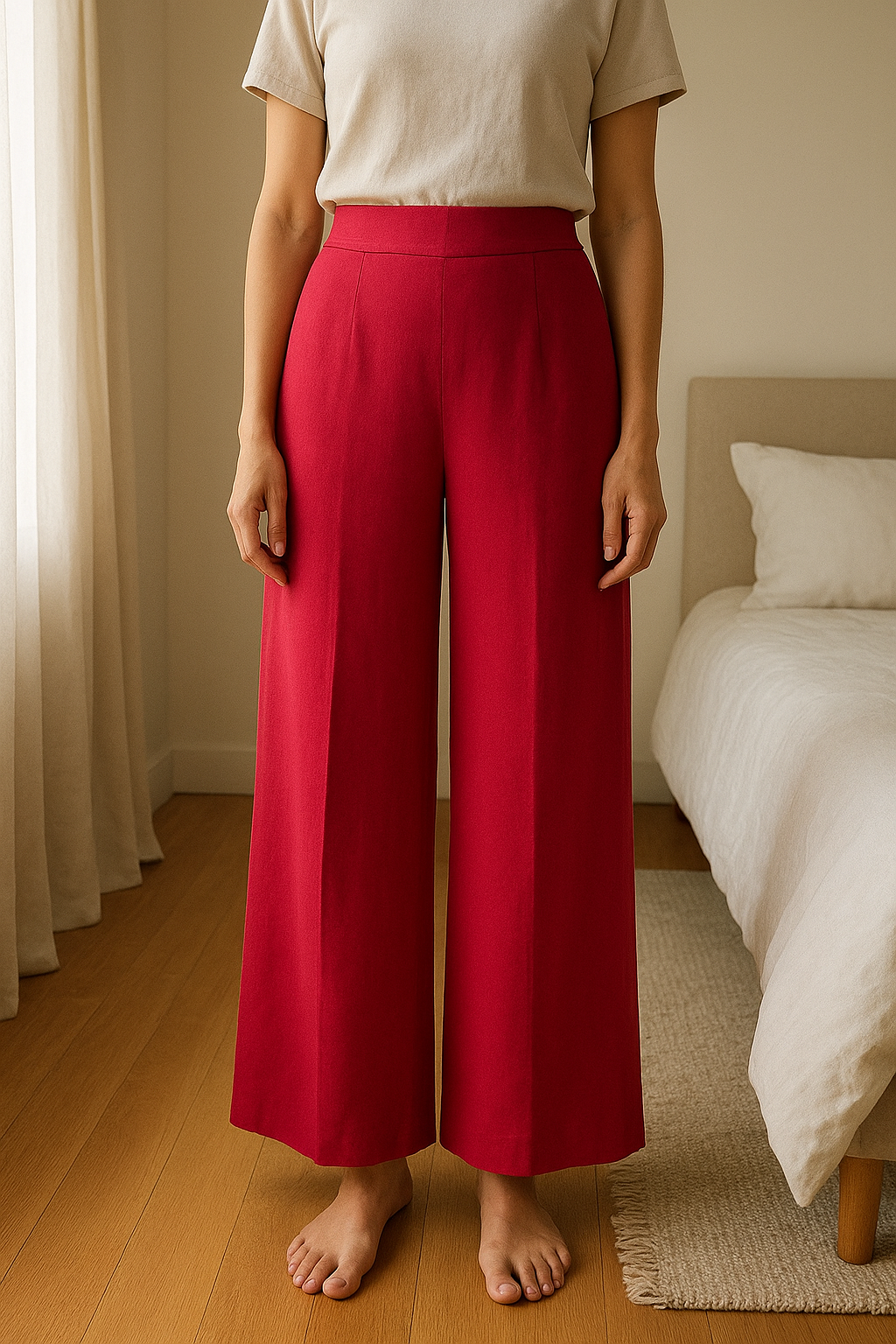 Pantalon fluide rouge Zara – XS – Très bon état parfait pour les fêtes debout, face à la caméra, dans une chambre à la lumière douce, avec une lumière naturelle filtrant par la fenêtre.