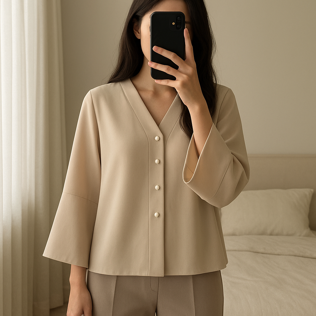 Blazer Friful debout, face à la caméra, dans une chambre à la lumière douce, avec une lumière naturelle filtrant par la fenêtre.