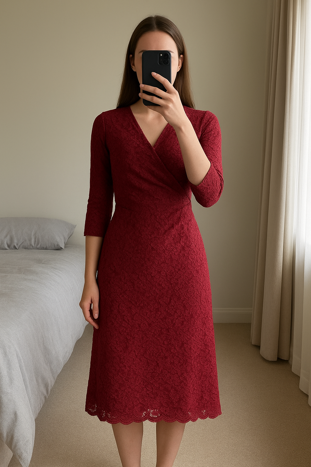 Burgundy Red Lace Party Dress, Size 16 standing straight facing the camera, in a softly lit bedroom setting, with gentle natural light filtering through a window.