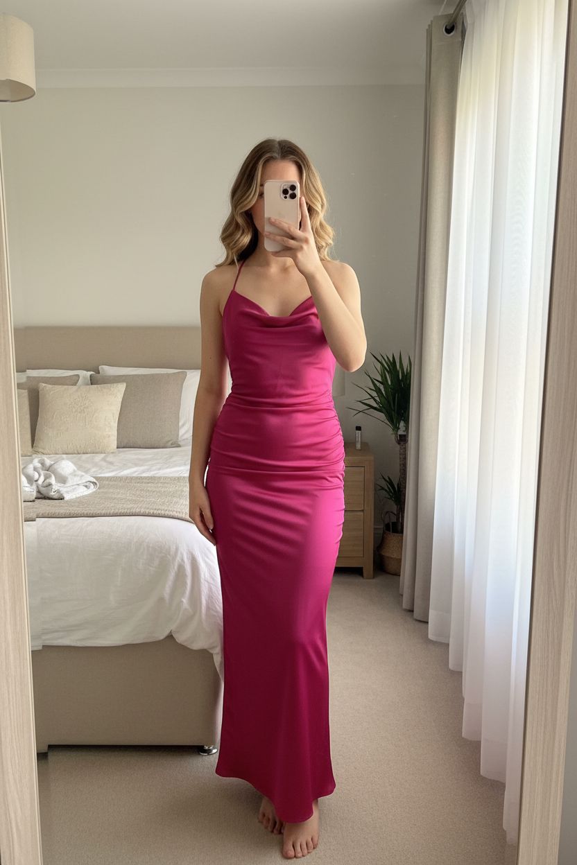 Oh Polly Pink Satin Maxi Dress UK 6 Backless Ruched Evening barbiecore coquette standing straight facing the camera, in a softly lit bedroom setting, with gentle natural light filtering through a window.