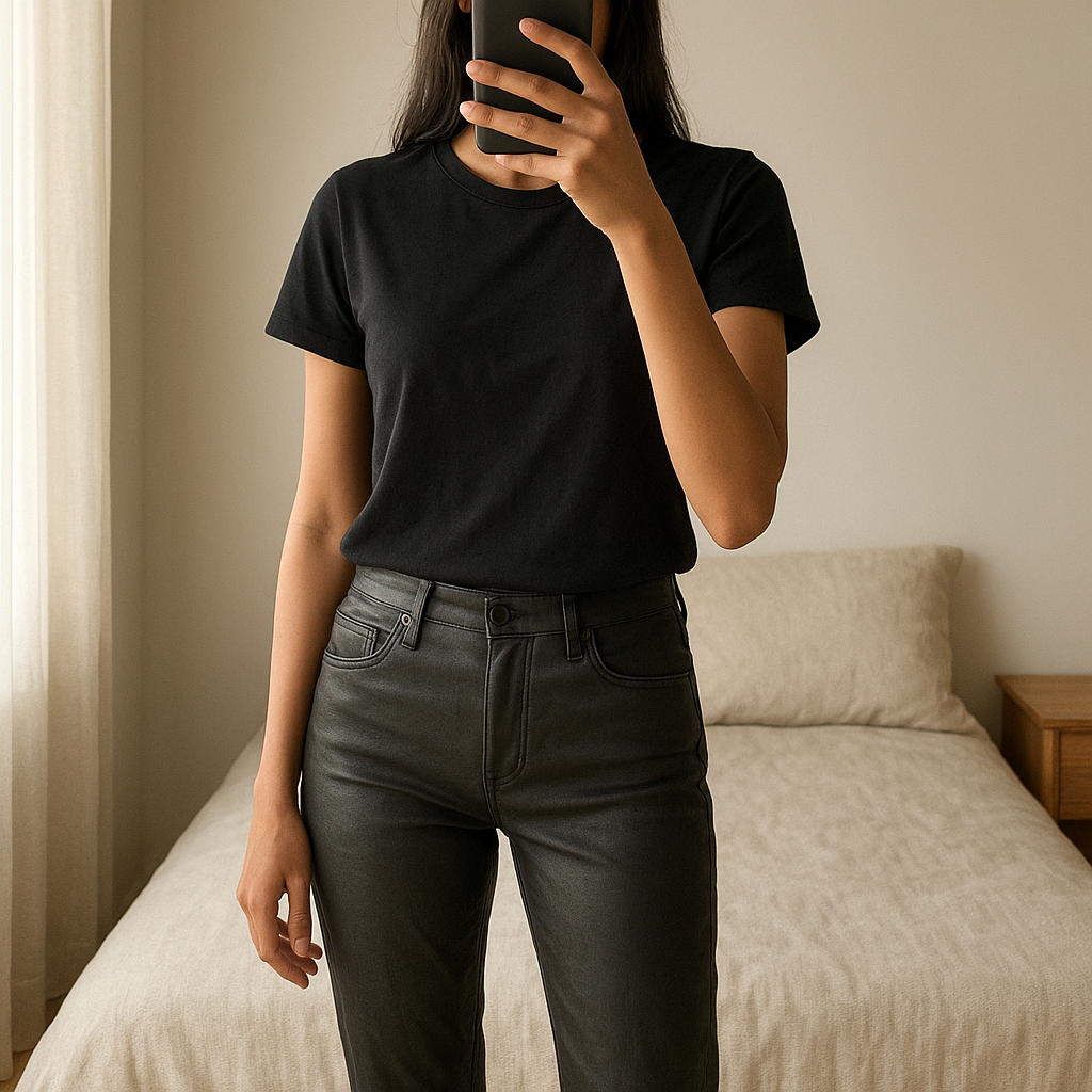 Une personne en Pantalon simili cuir noir ZARA debout, face à la caméra, avec une silhouette fine, dans une chambre à la lumière douce, avec une lumière naturelle filtrant par la fenêtre.