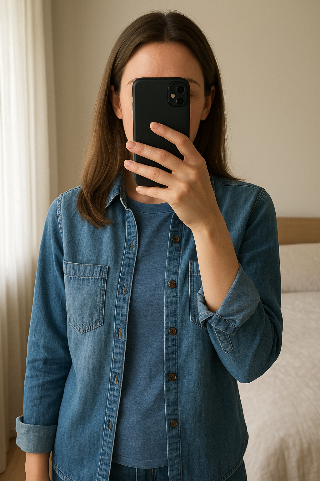 Chemise fille 6 ans debout, face à la caméra, dans une chambre à la lumière douce, avec une lumière naturelle filtrant par la fenêtre.