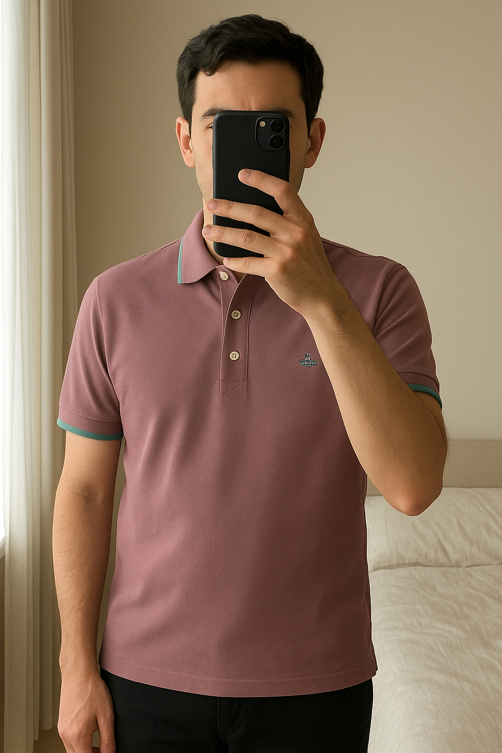 Vivienne Westwood Men’s Polo Shirt standing straight facing the camera, in a softly lit bedroom setting, with gentle natural light filtering through a window.