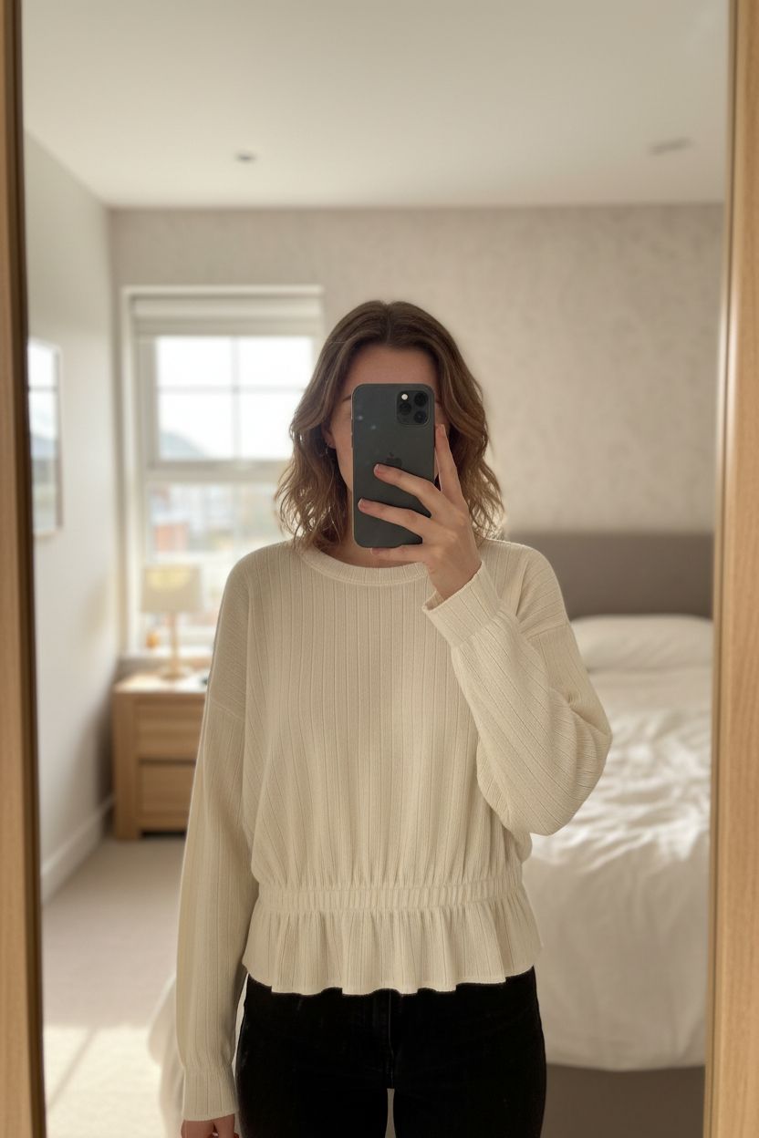 Cream top by Zara standing straight facing the camera, in a softly lit bedroom setting, with gentle natural light filtering through a window.