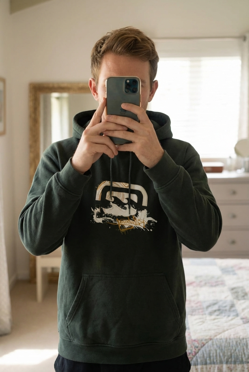 Felpa con cappuccio "Billabong", da uomo, Verde scuro, Taglia L in piedi, rivolto verso la fotocamera, in una camera da letto con luce soffusa e luce naturale che filtra dalla finestra.