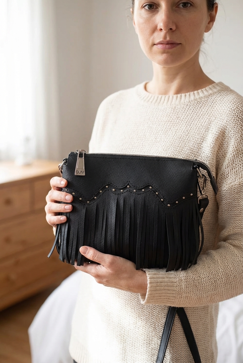 Borsetta in lattice "GUM by Gianni Chiarini" - Colore Nero in piedi, rivolto verso la fotocamera, in una camera da letto con luce soffusa e luce naturale che filtra dalla finestra.