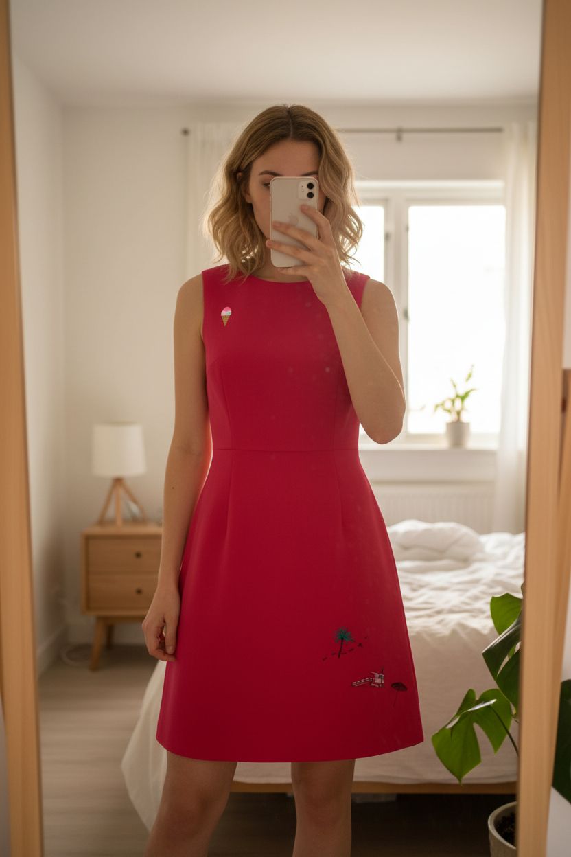 Robe kiss debout, face à la caméra, dans une chambre à la lumière douce, avec une lumière naturelle filtrant par la fenêtre.