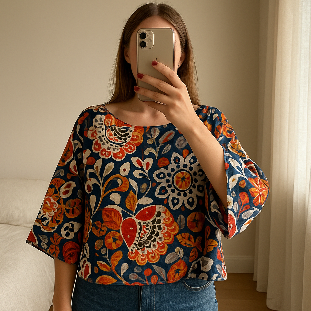 Blouse a motifs femme 42 - blusa donna 42 in piedi, rivolto verso la fotocamera, in una camera da letto con luce soffusa e luce naturale che filtra dalla finestra.