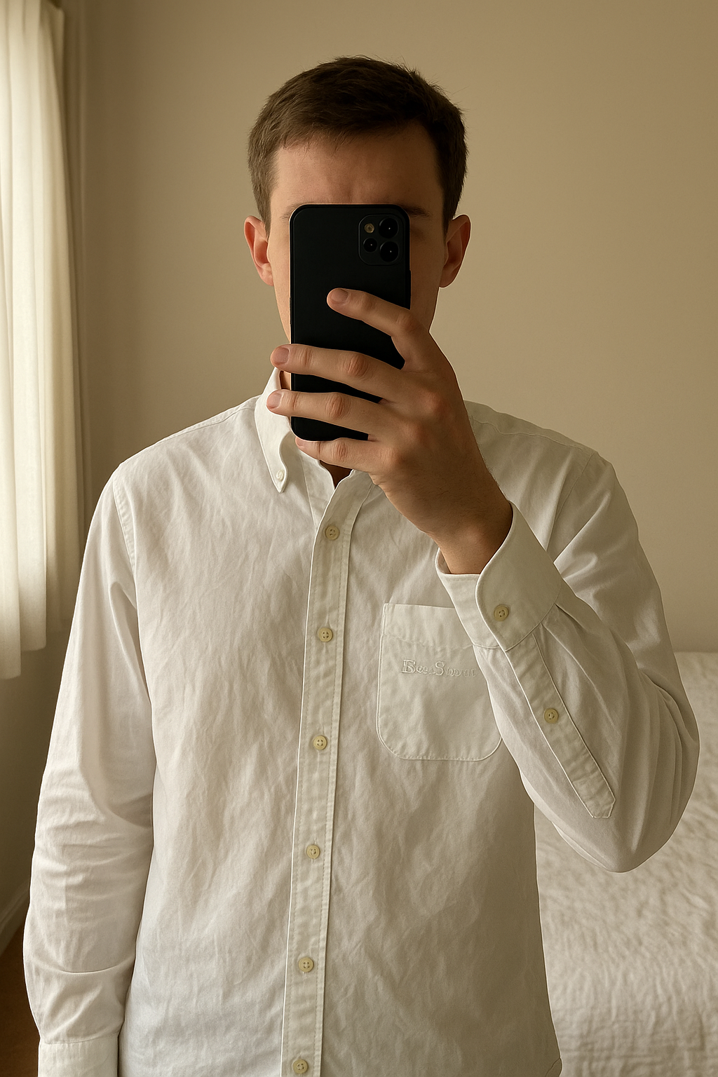 Ben Sherman T-shirt standing straight facing the camera, in a softly lit bedroom setting, with gentle natural light filtering through a window.