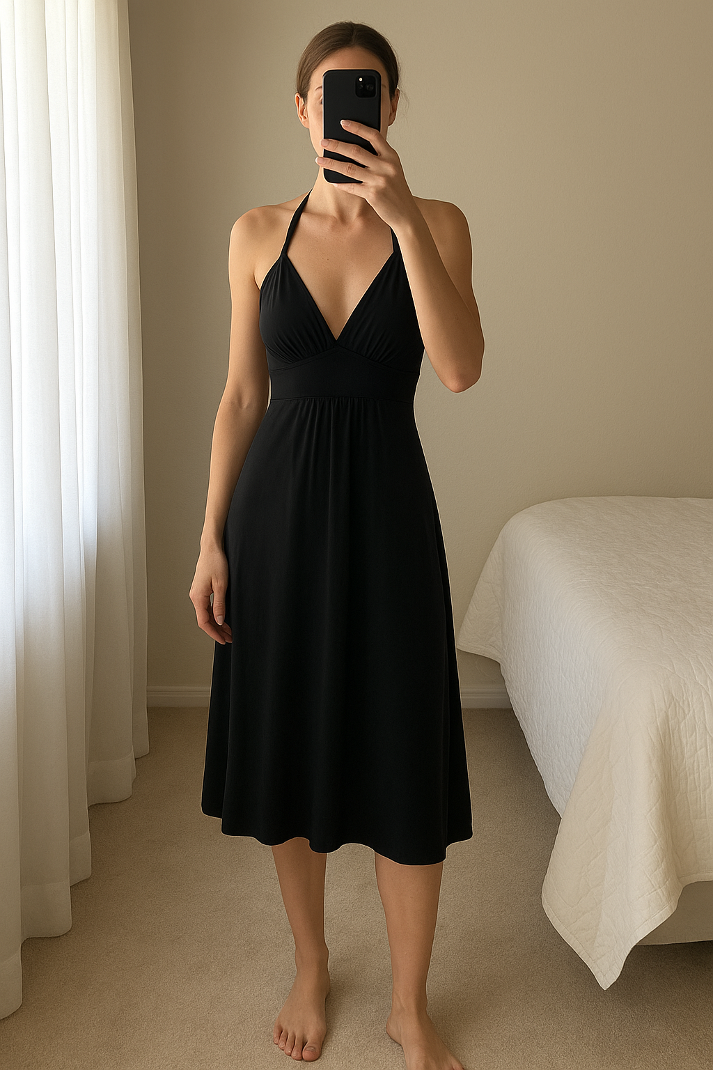 Robe noire décolletée Sinequanone debout, face à la caméra, dans une chambre à la lumière douce, avec une lumière naturelle filtrant par la fenêtre.