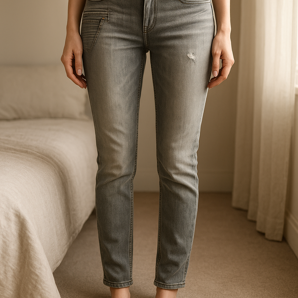 Jean gris slim chevilles élégantes debout, face à la caméra, dans une chambre à la lumière douce, avec une lumière naturelle filtrant par la fenêtre.