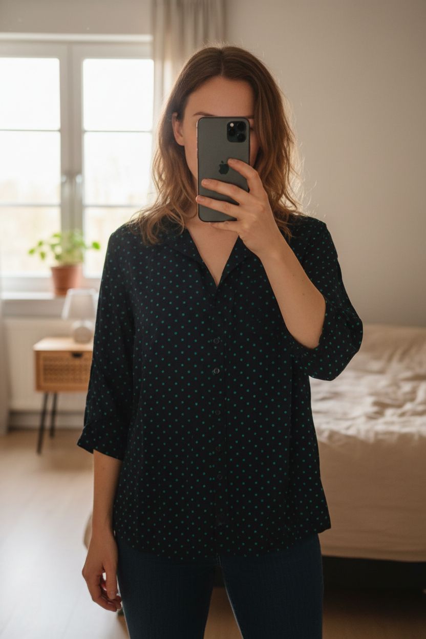 Vintage Goldix Bluse gepunktet Blau/Türkis Gr. XL (42/44) locker aufrecht stehend, der Kamera zugewandt, in einem sanft beleuchteten Schlafzimmer, mit natürlichem Licht, das durch ein Fenster fällt.