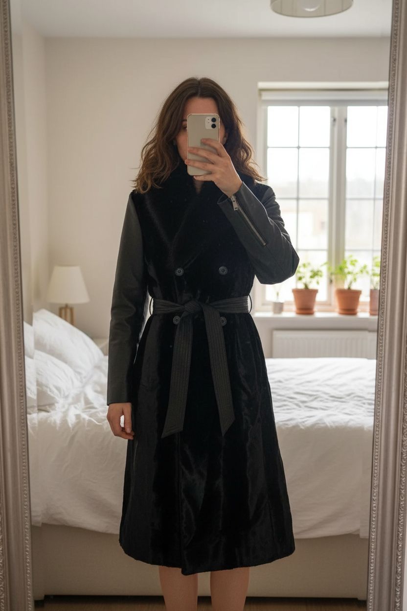Karen Millen Black Velvet & Faux Fur Coat UK 10 New Without Tags standing straight facing the camera, in a softly lit bedroom setting, with gentle natural light filtering through a window.