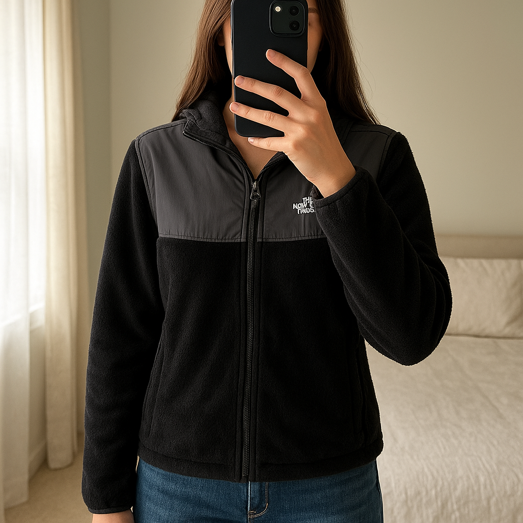 Denali The North Face femme M – noire debout, face à la caméra, dans une chambre à la lumière douce, avec une lumière naturelle filtrant par la fenêtre.