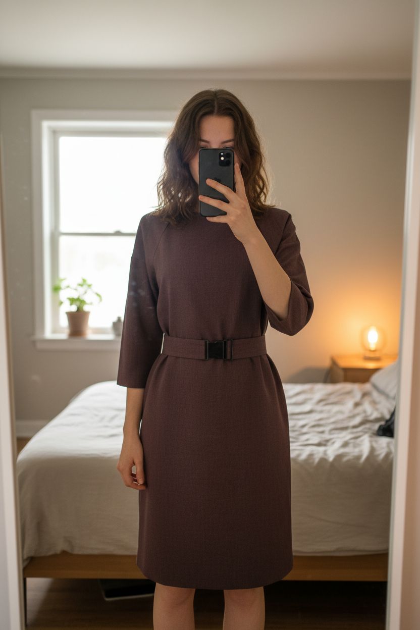 Robe tousou debout, face à la caméra, dans une chambre à la lumière douce, avec une lumière naturelle filtrant par la fenêtre.
