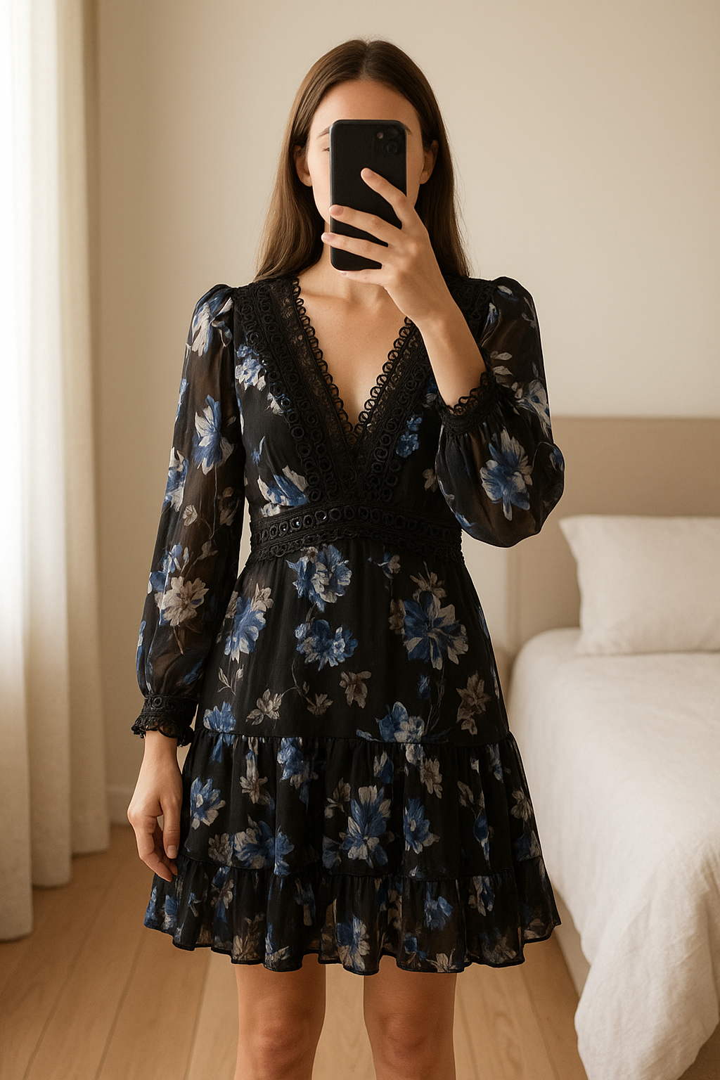 ASOS black floral mini dress size 12 standing straight facing the camera, in a softly lit bedroom setting, with gentle natural light filtering through a window.
