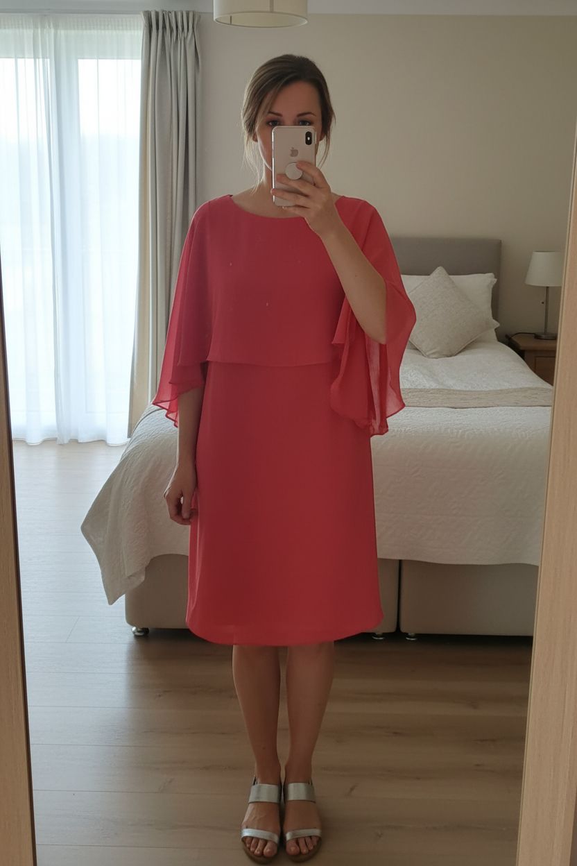 Coral Cape dress standing straight facing the camera, in a softly lit bedroom setting, with gentle natural light filtering through a window.