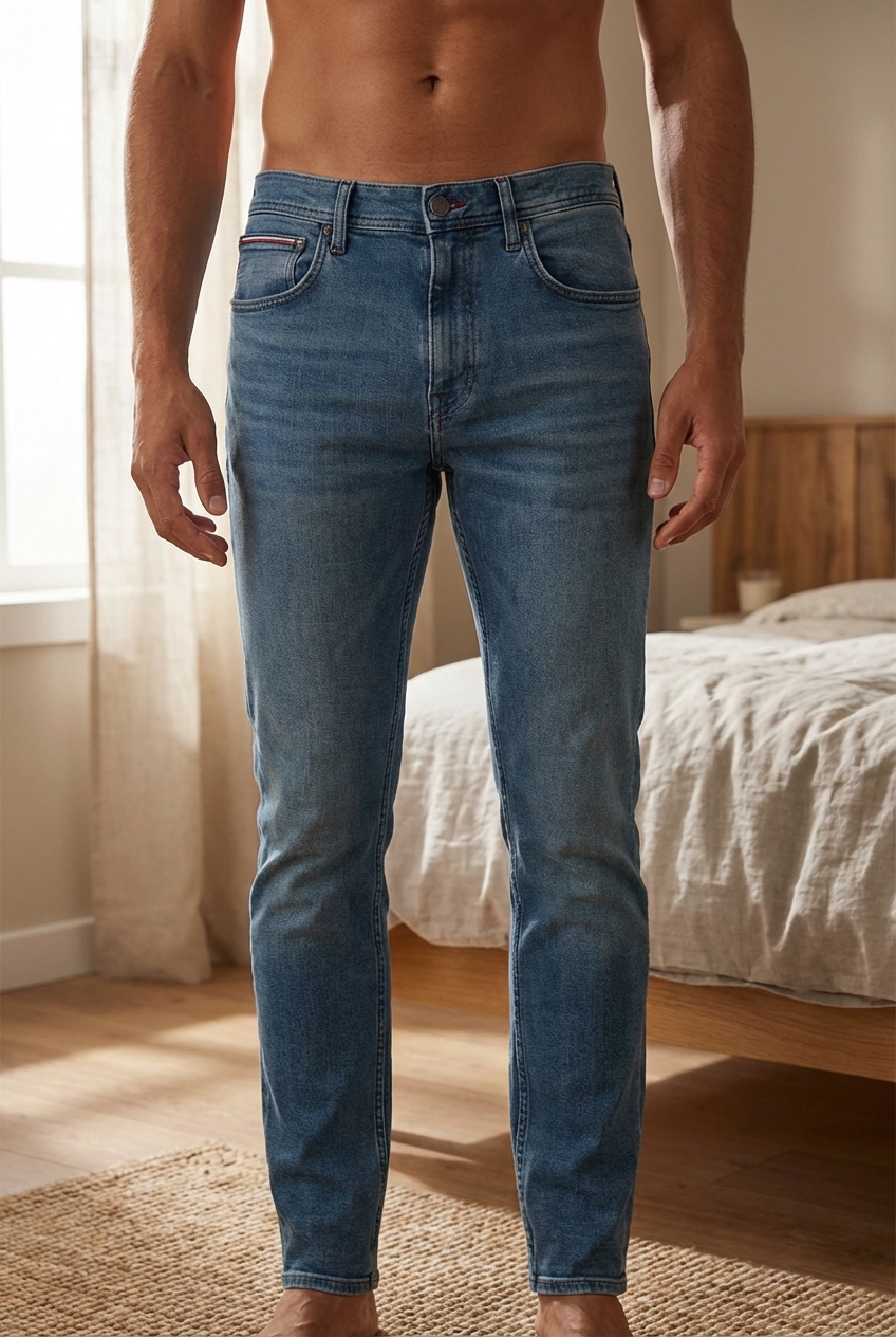 Une personne en Jean Tommy debout, face à la caméra, dans une chambre à la lumière douce, avec une lumière naturelle filtrant par la fenêtre.