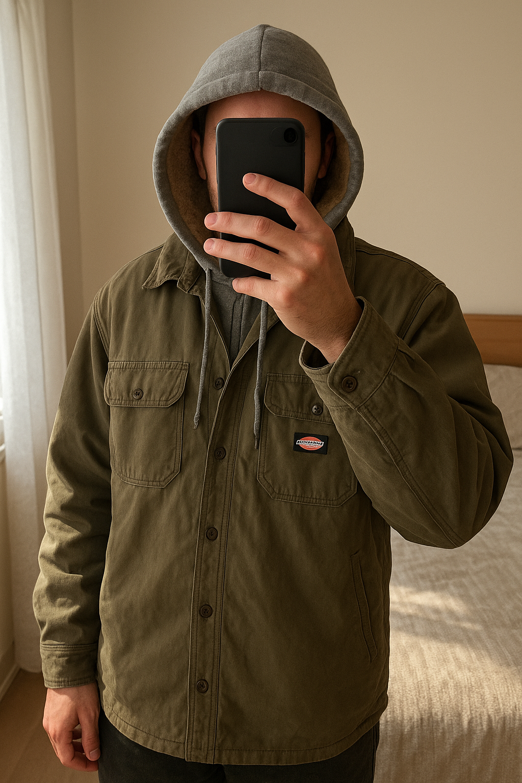 Veste Dickies work à capuche taille 2XL debout, face à la caméra, dans une chambre à la lumière douce, avec une lumière naturelle filtrant par la fenêtre.