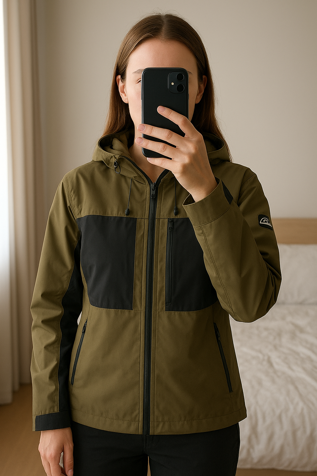 Veste imperméable Ellesse kaki vintage – taille S debout, face à la caméra, dans une chambre à la lumière douce, avec une lumière naturelle filtrant par la fenêtre.