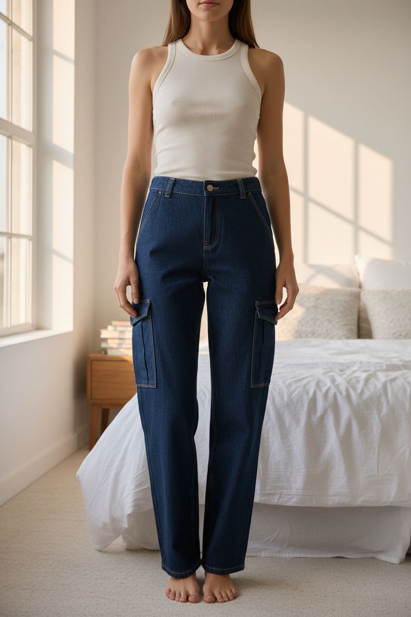 Cargo Bershka debout, face à la caméra, dans une chambre à la lumière douce, avec une lumière naturelle filtrant par la fenêtre.