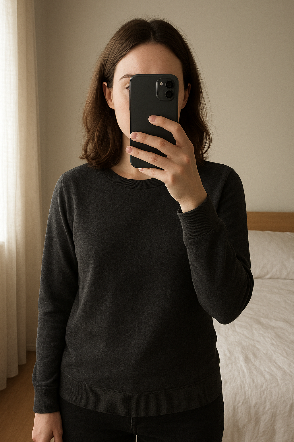 Pull Noir New Yorker debout, face à la caméra, dans une chambre à la lumière douce, avec une lumière naturelle filtrant par la fenêtre.