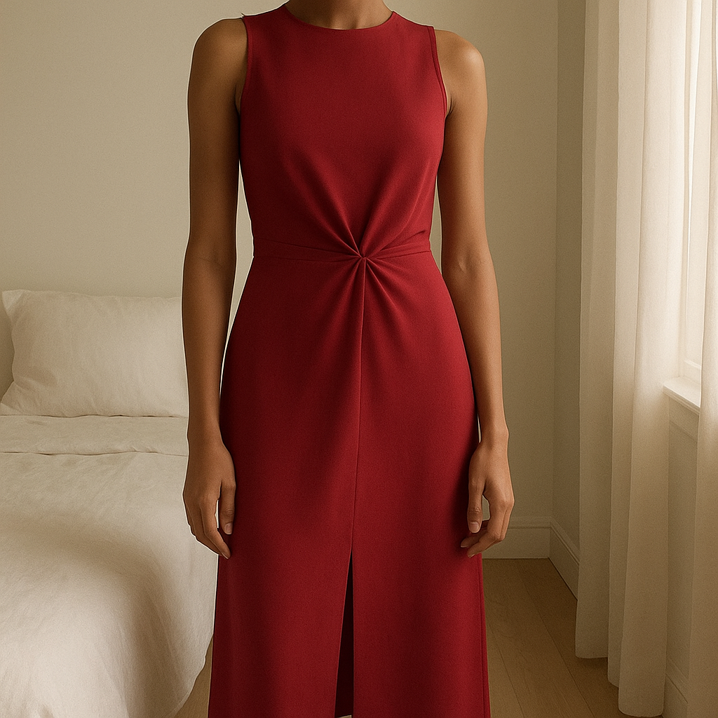 Robe Zara longue rouge taille M neuve avec étiquette debout, face à la caméra, dans une chambre à la lumière douce, avec une lumière naturelle filtrant par la fenêtre.