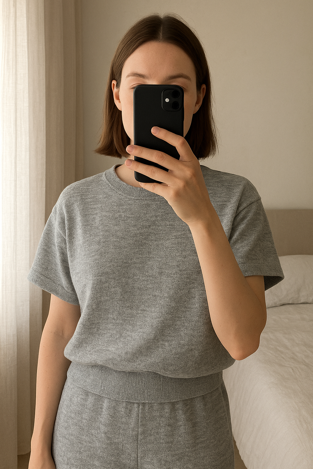 Haut cintré gris à manche large debout, face à la caméra, dans une chambre à la lumière douce, avec une lumière naturelle filtrant par la fenêtre.