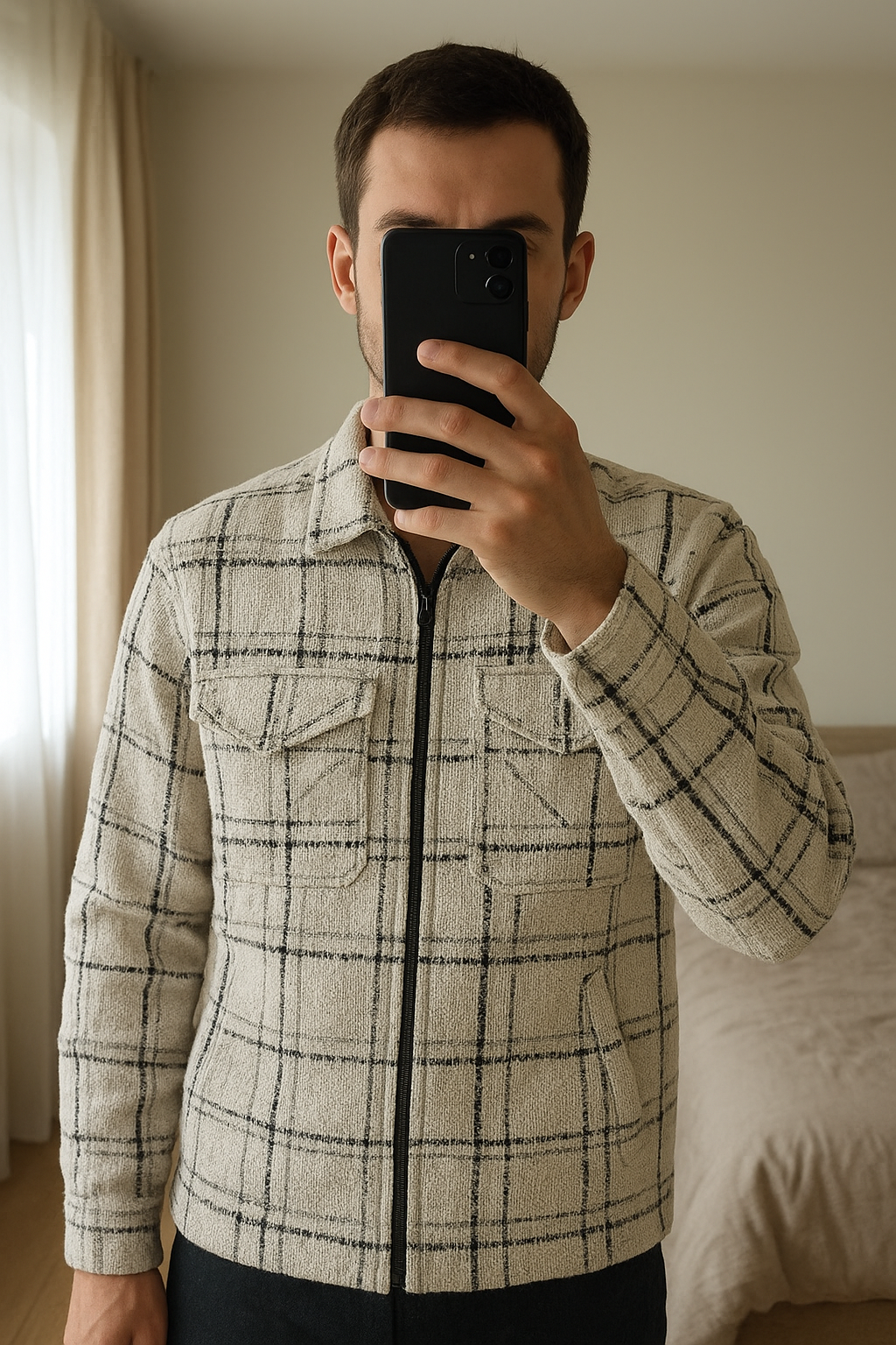 Veste à Zip Homme debout, face à la caméra, dans une chambre à la lumière douce, avec une lumière naturelle filtrant par la fenêtre.