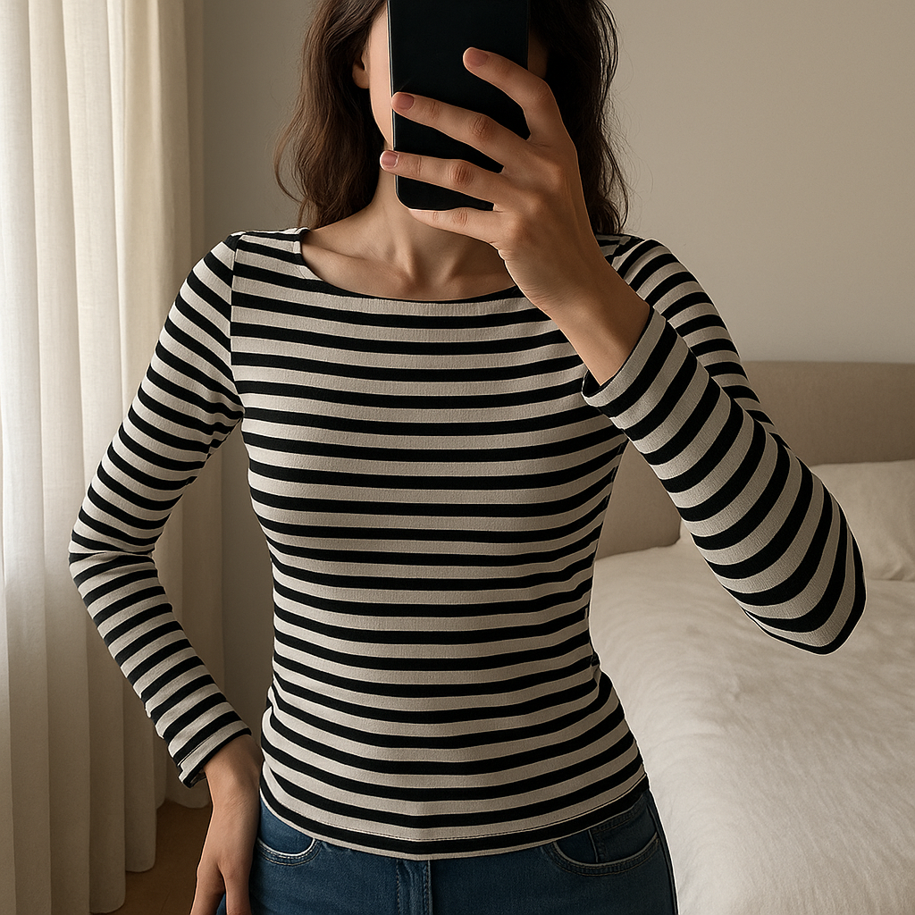 Una persona in Pull manches longues H&M XS - Maglione Maglietta donna neuf inarcando leggermente la schiena per una posa dinamica, in una camera da letto con luce soffusa e luce naturale che filtra dalla finestra.