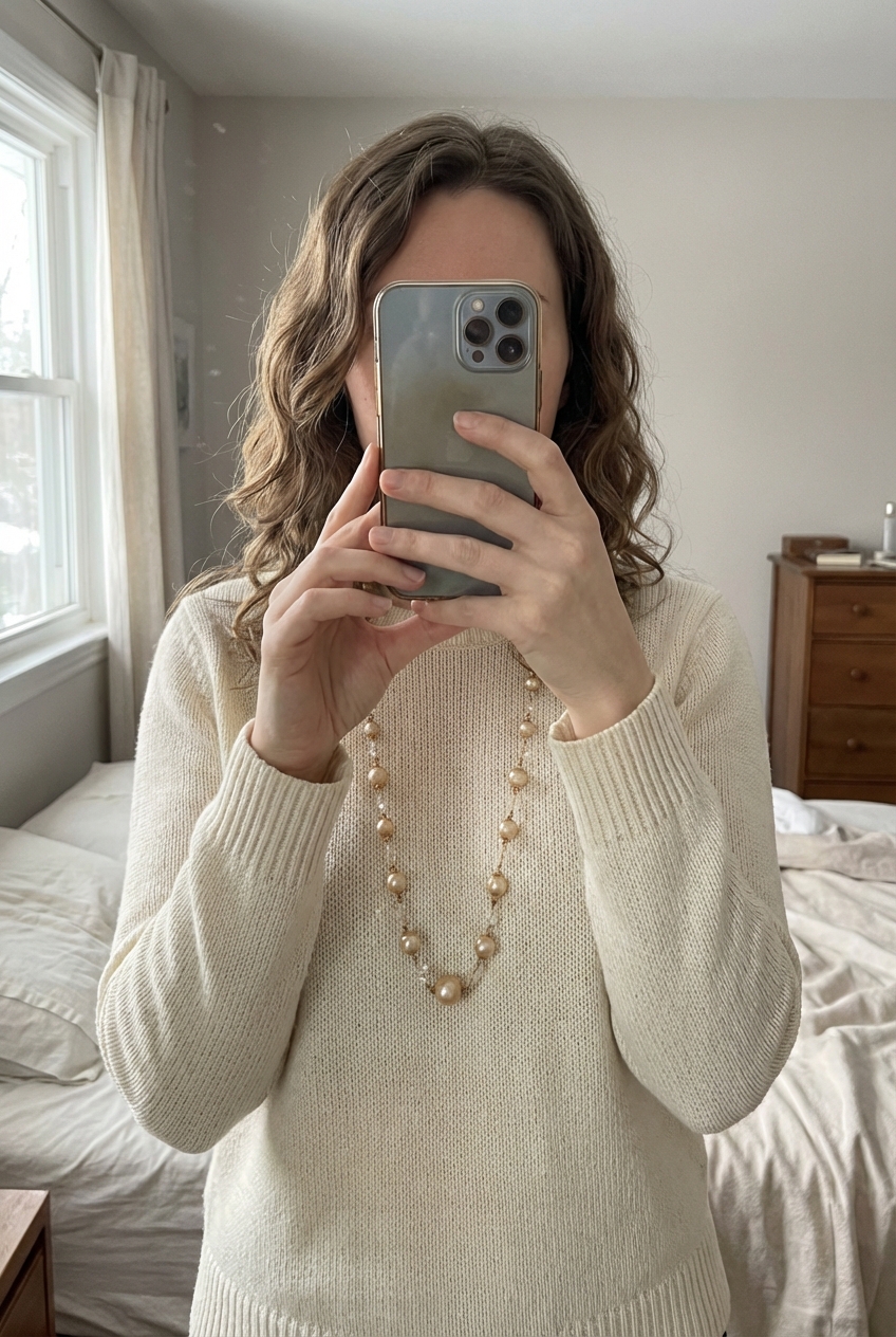 SOLDE🎁Magnifique collier de perles vintage des années 1960 🎁 debout, face à la caméra, dans une chambre à la lumière douce, avec une lumière naturelle filtrant par la fenêtre.