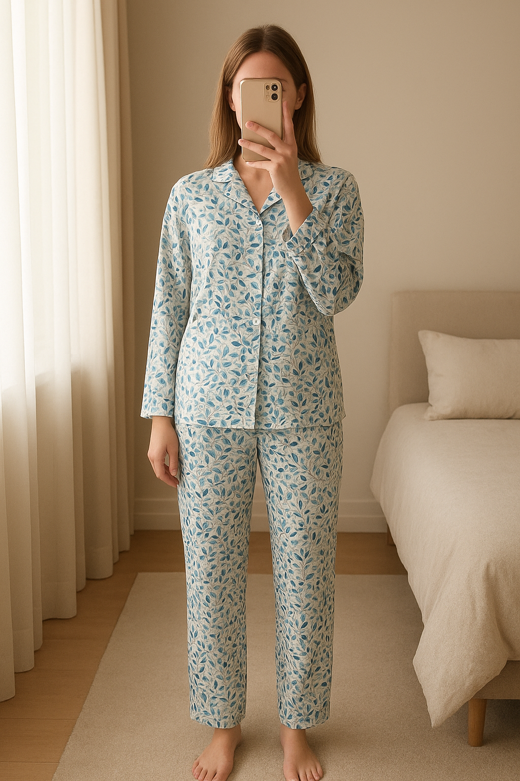 Vêtements femme debout, face à la caméra, dans une chambre à la lumière douce, avec une lumière naturelle filtrant par la fenêtre.