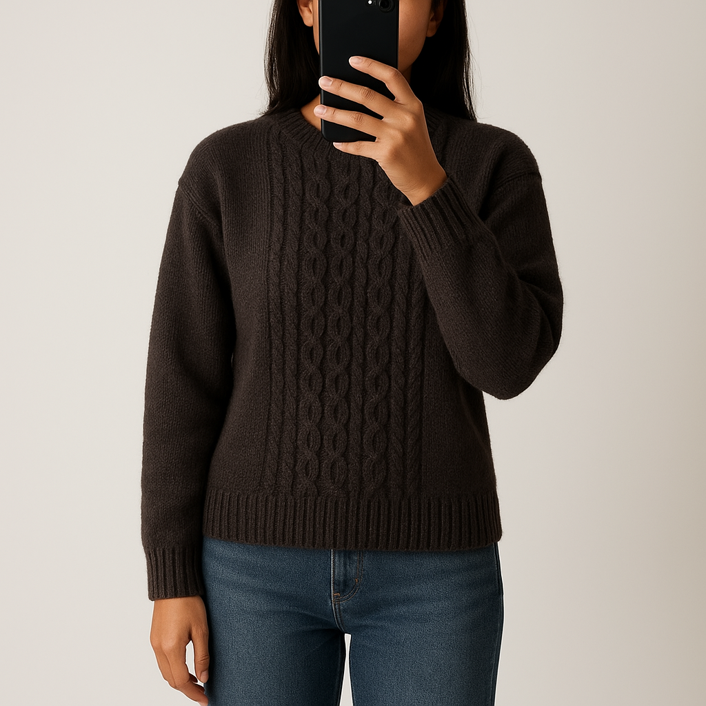 Une personne en Pull à grosses mailles TisSaIA debout, face à la caméra, dans un studio photo épuré avec fond blanc et éclairage doux.