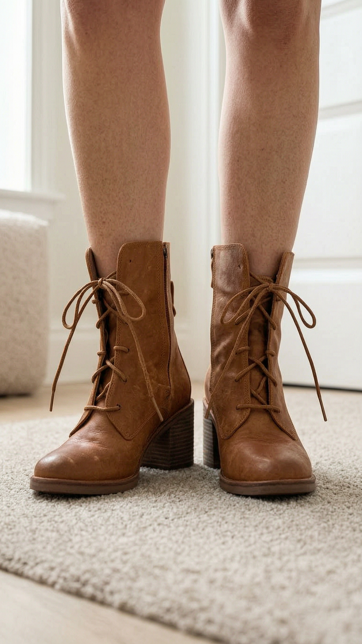 Ugg leather lace up boots 7.5 standing straight facing the camera, in a softly lit bedroom setting, with gentle natural light filtering through a window.