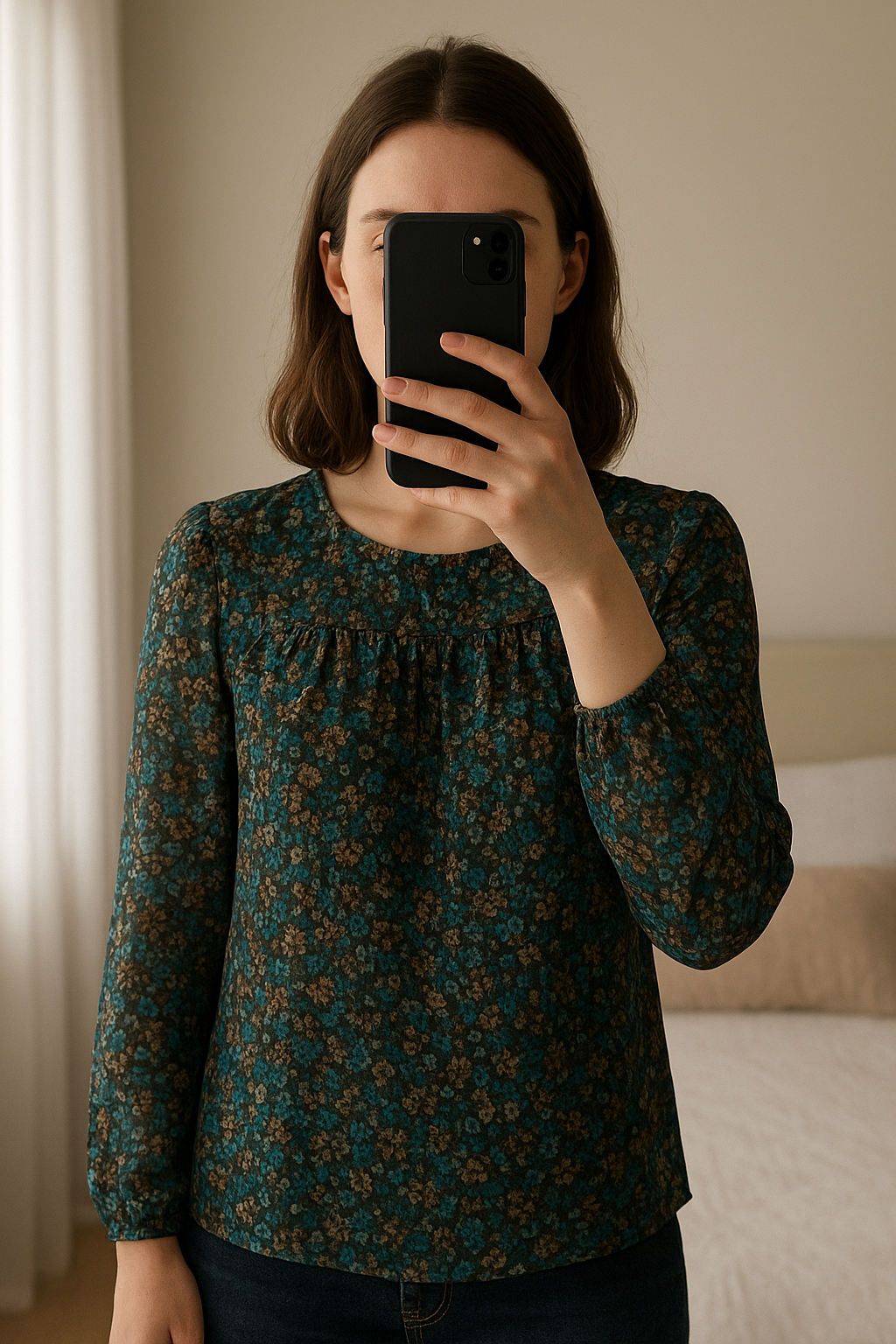 Top fluide bohème debout, face à la caméra, dans une chambre à la lumière douce, avec une lumière naturelle filtrant par la fenêtre.