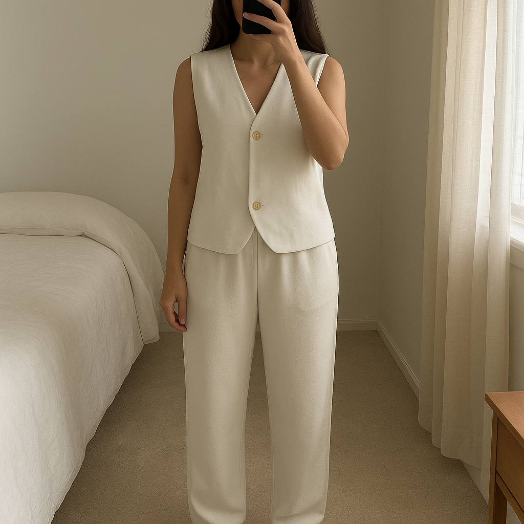 Magnifique Ensemble deux pièces debout, face à la caméra, dans une chambre à la lumière douce, avec une lumière naturelle filtrant par la fenêtre.