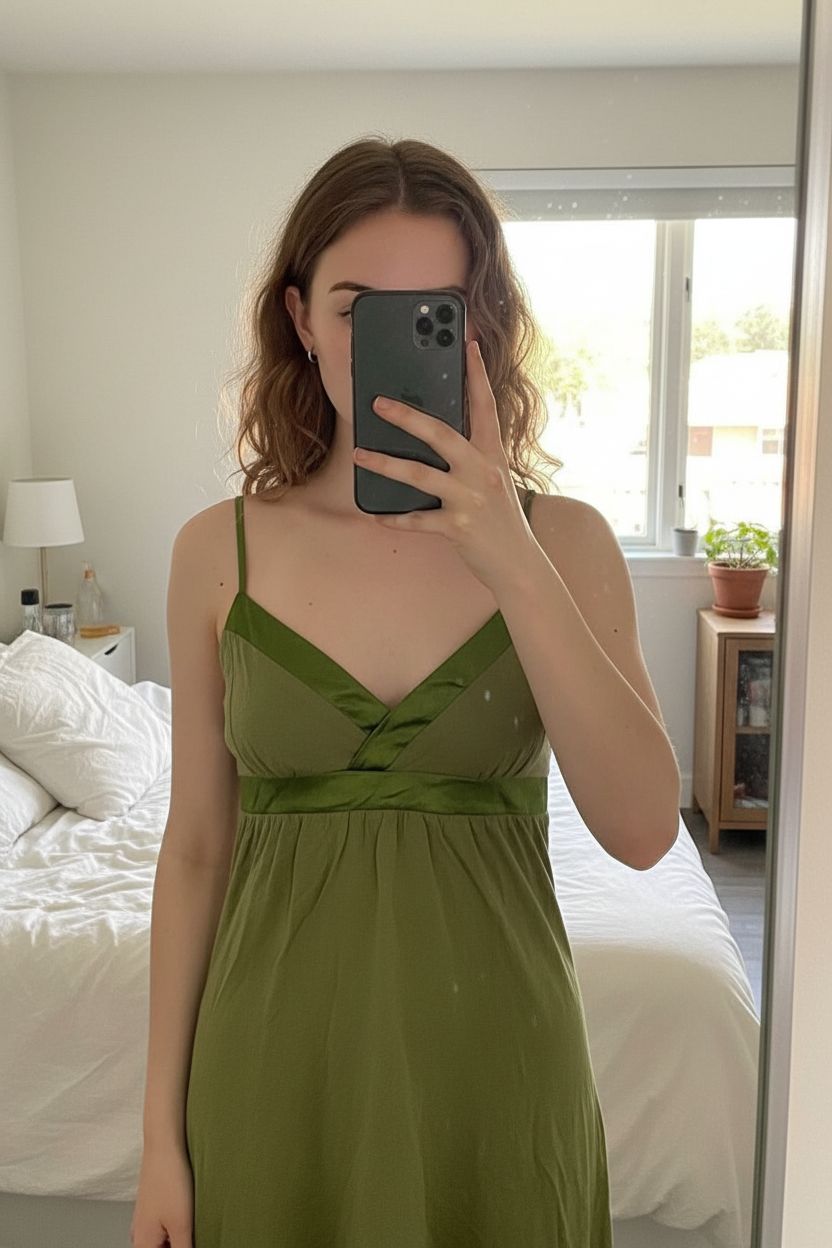 A person in Vintage Y2K green satin trim fitted bottom band cami top standing straight facing the camera, in a softly lit bedroom setting, with gentle natural light filtering through a window.