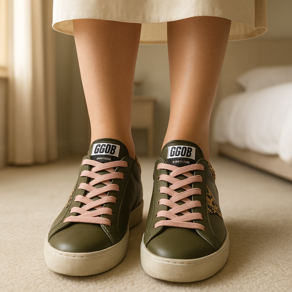 Golden goose sneakers standing straight facing the camera, in a softly lit bedroom setting, with gentle natural light filtering through a window.