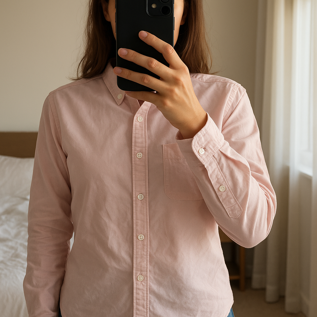 Chemisier aigle taille 42 debout, face à la caméra, dans une chambre à la lumière douce, avec une lumière naturelle filtrant par la fenêtre.